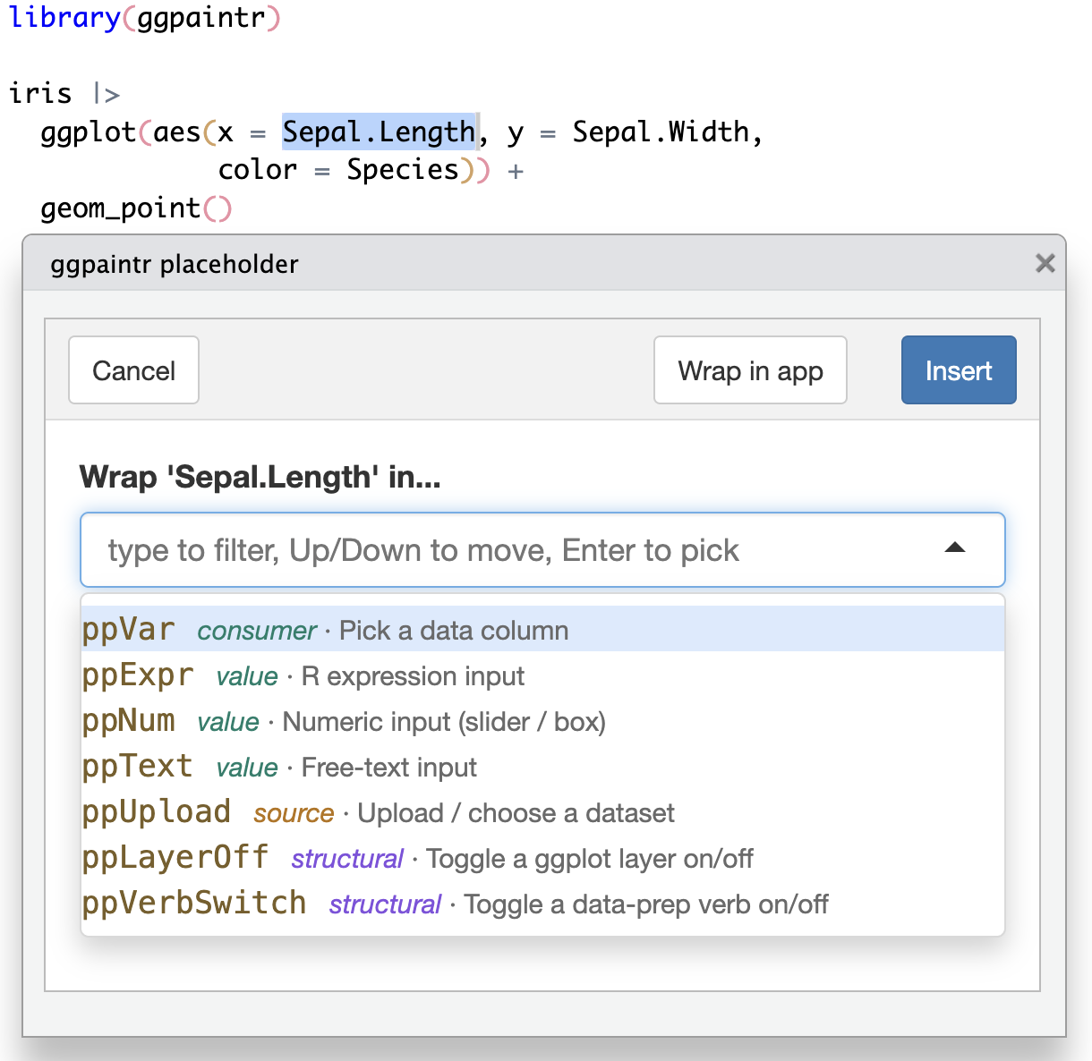 The ggpaintr placeholder addin: a command palette over a ggplot expression